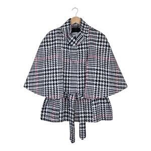 New York & Co Houndstooth Cape Capelet sz L/XL White Black Red Plaid Belted